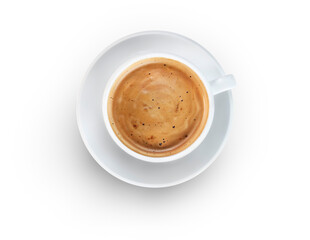 A hot cup of black espresso coffee from above in a white cup isolated against a transparent...