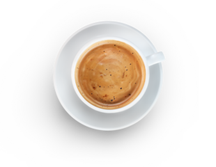 A hot cup of black espresso coffee from above in a white cup isolated against a transparent background.