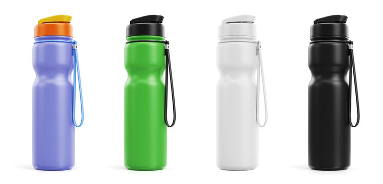 A Fitness Bottle in Color Options. Design series of a plastic bottle for water or beverages, which is usually using during fitness trainings. 3D rendering graphic mockups isolated on white background.