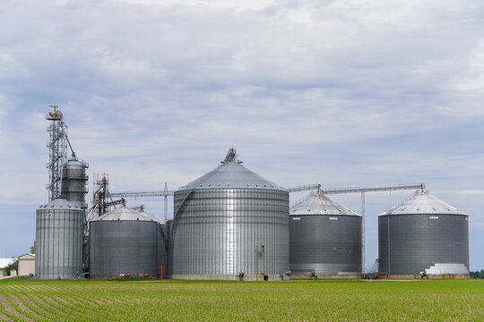 Grain silo and grain elevator sitting outside in the countryside.