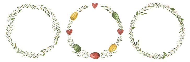 Watercolor wreaths with Easter eggs, hearts and foliage. Spring frames for holiday design