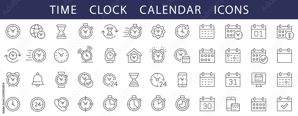 Aufkleber time thin line icons set. time, clock and calendar editable stroke icons. stopwatch symbol. calendar