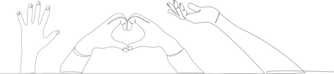 hands outline, one continuous line drawing, isolated, vector