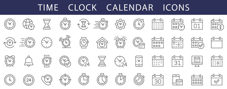 Time thin line icons set. Time, Clock and Calendar editable stroke icons. Stopwatch symbol. Calendar icon. Vector