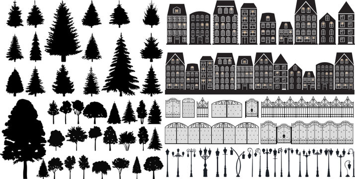 silhouette set trees, houses, lanterns isolated vector