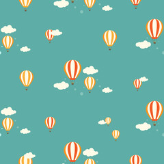 Heißluftballons fliegen in den blauen Himmel mit Wolken. Flache Cartoon-Vektor-Illustration.