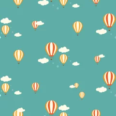 Fototapete Heißluftballon Heißluftballons fliegen in den blauen Himmel mit Wolken. Flache Cartoon-Vektor-Illustration.