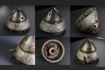 Fototapeta premium 152mm shrapnel shell time fuze from Russian artillery ordnance gun from the First World War WW1. Brass steel head. Corroded metal and patinated oxidised brass timer. Dug up from the battlefield.