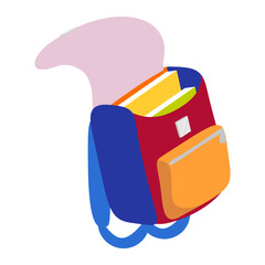 Cartoon blue schoolbag with textbook inside. Flat design stationery. Isolated on white background, EPS10 vector