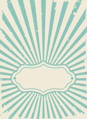 Sunlight retro grunge wallpaper with vintage frame for text. Beige and powder blue burst background.