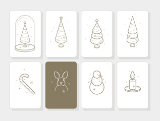 Minimalistic Christmas graphic set isolated vector elements for greeting card compositions. The graphics are perfect for Christmas wrapping papers,  greeting cards, packaging, stationeries