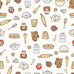 Cute seamless pattern with cozy items pie, teapot, jam. For home and kitchen textile, decoration, towel print, cover of cooking book, packaging design, template labels, gift and wrapping paper.
