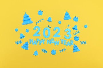 Happy new year 2023, Merry Christmas Christmas tree, gifts, bell, christmas ball