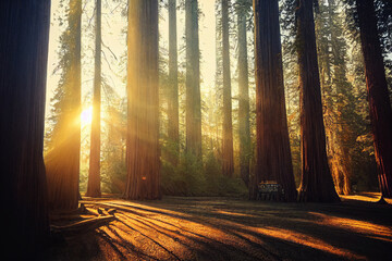 Giant Redwood trees with the sun shining through