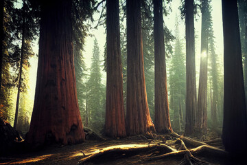 Giant Redwood trees with the sun shining through - obrazy, fototapety, plakaty