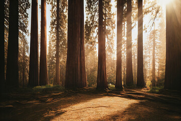 Giant Redwood trees with the sun shining through