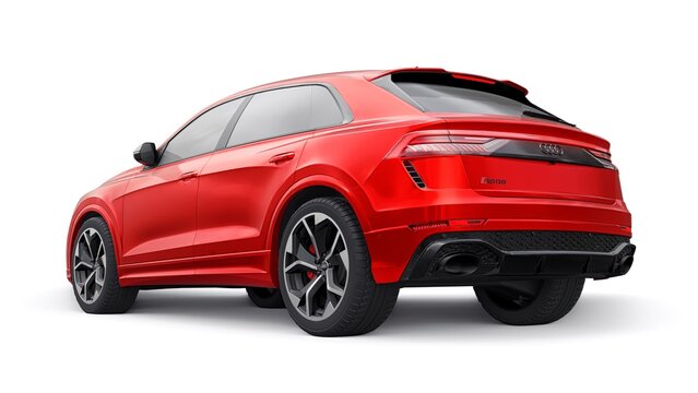 Berlin. Germany. November 08, 2022. Audi RSQ8 2022. Red sports SUV with four-wheel drive quattro for driving pleasure as well as for family and work. 3d illustration.