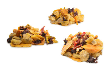 Mix of dried exotic fruit, mangos,slices of pineapples, passion fruit, papaya.