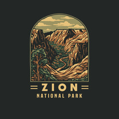 Emblem sticker patch logo illustration of Zion National Park, hand drawn line style with digital color, vector illustration