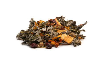 Dry tea leaves and dry fruit isolated on white background.