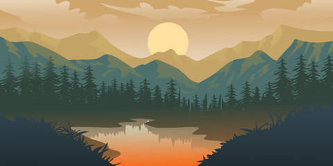 Silhouette of nature landscape. Mountains, forest in background