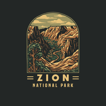 Emblem Sticker Patch Logo Illustration Of Zion National Park, Hand Drawn Line Style With Digital Color, Vector Illustration