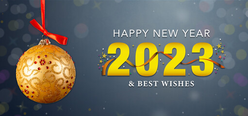 Happy New year and best wishes banner with Christmas ball handing