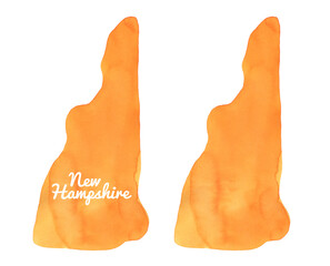 Watercolour illustration of New Hampshire State Silhouette in bright positive orange color in two variation: blank template and with text lettering. Hand painted water color drawing on white backdrop.