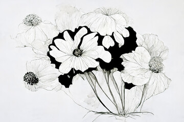 flowers drawing with line-art on white backgrounds. Hand drawn nature painting. Freehand sketching illustration. 3d rendering