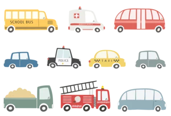 Foto op Plexiglas Set of cute colorful cars isolated on white background. Vector illustration in flat style. © Nataliia Pyzhova