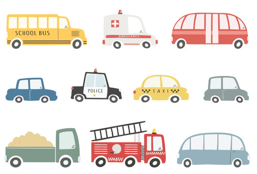 Set of cute colorful cars isolated on white background. Vector illustration in flat style.