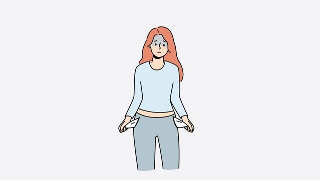 Frustrated young woman show empty pockets suffer from bankruptcy. Confused stressed girl feel bankrupt have no money. Motion illustration. 