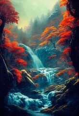 Fototapeta na wymiar A colorful cascade of waterfalls in an amazing jungle. 3D rendering.