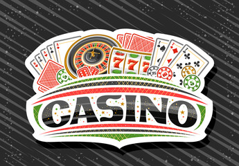 Vector logo for Casino, white sign board for gambling with illustration of european roulette wheel, colorful casino coins, poker four of a kind, red gambling cubes, decorative stars and word casino © mihmihmal