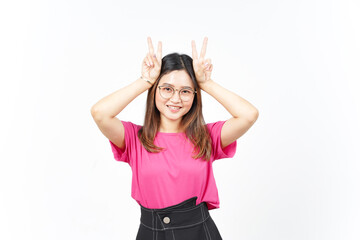 Showing Peace Sign of Beautiful Asian Woman Isolated On White Background