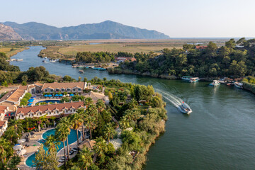 Aerial view of Dalyan river and boats with Iztuzu Beach Scenery, Turkey.