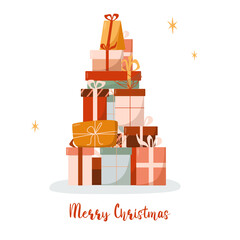Illustration with Christmas tree from gift boxes. Happy New Year and Merry Christmas. Realistic gift boxes. Vector illustration. Design for the design of a greeting card, poster, holiday invitation,
