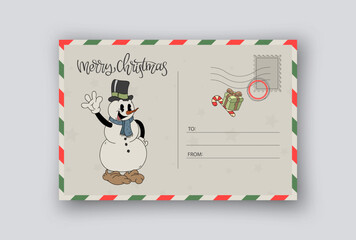 Christmas postcard. Vintage holiday postal card with stamp and winter elements in retro cartoon style. new year greeting message, invitation letter and posting frame