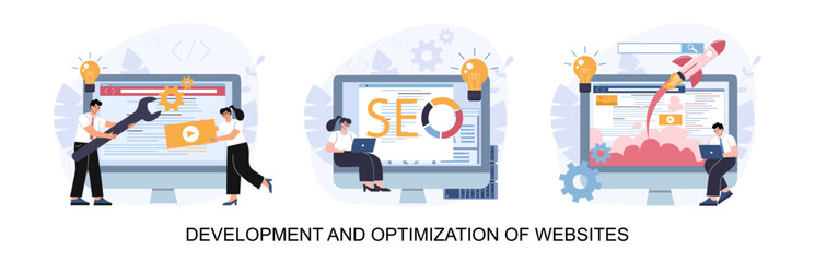 The concept of developing and optimizing websites. Image set. Vector illustration.