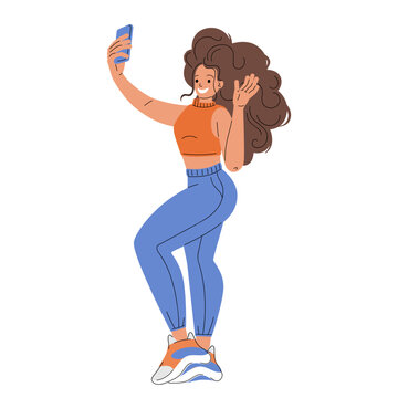 Young woman taking a selfie. The girl stretched out her hand and holds the phone in it, the other hand is raised and the palm is open. Trendy flat vector illustration isolated on white background