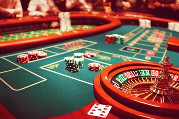 An image of a roulette game taking place on a sleek green table, accompanied by casino chips. The concept of gambling-addicted and wealthy is conveyed through this 3D illustration. - obrazy, fototapety, plakaty