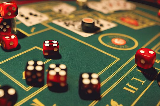 A close-up of modern casino interior. Dice and playing cards on a green table stand for gambling addiction and wealth. 3D illustration.