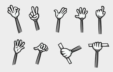 collection of black and white cartoon hands in different poses for the mascot artist
