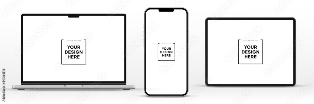 Wall mural modern laptop mockup front view and high quality smartphone and tablet mockup isolated on white back
