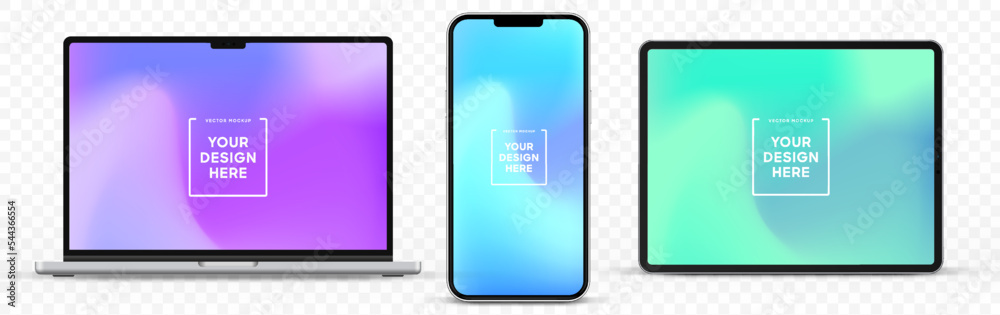 Aufkleber Modern laptop mockup front view and high quality smartphone and tablet mockup isolated on white background. Notebook mockup and phone device mockup for ui ux app and website presentation.Stock Vector.