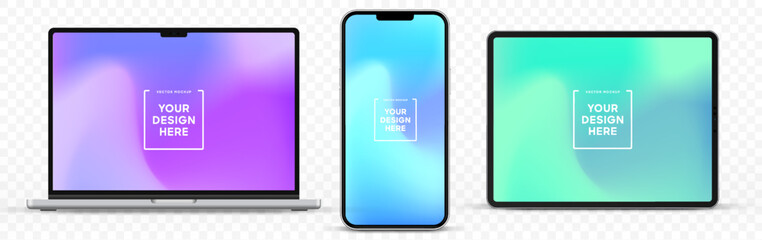 Modern laptop mockup front view and high quality smartphone and tablet mockup isolated on white background. Notebook mockup and phone device mockup for ui ux app and website presentation.Stock Vector.