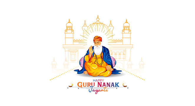 Happy Guru Nanak Jayanti festival poster design. India hindu Sikh celebrating birthday of Guru Nanak Dev.