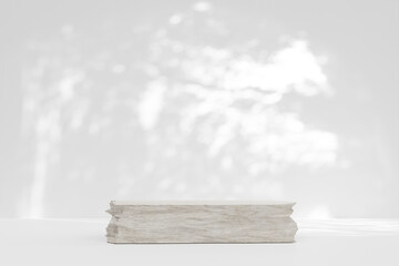 product display stone podium with shadow nature leaves on background. 3D render