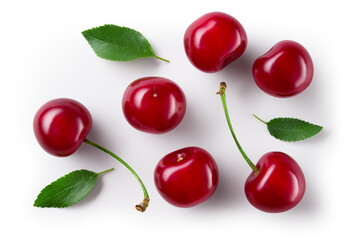 Cherries. Cherry isolated. Cherries top view. Sour cherry with leaves on white background. With...