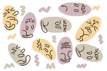 Background food cats in the form of spots, handmade set of cute doodles for decoration